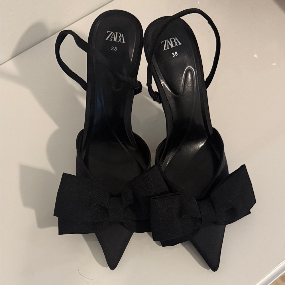 Zara Black Pointed-Toe Slingback Heels with Bow